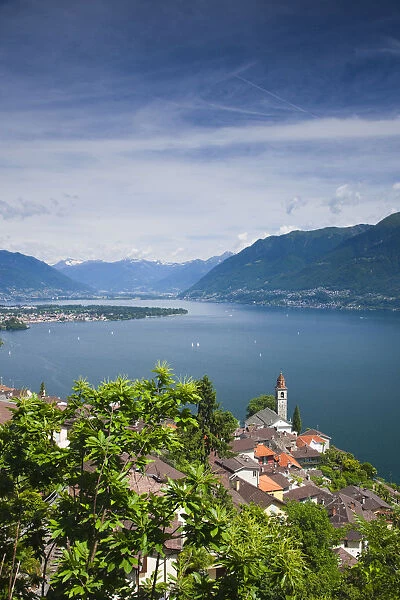 Switzerland, Ticino, Lake Maggiore, Ronco, town church and lake