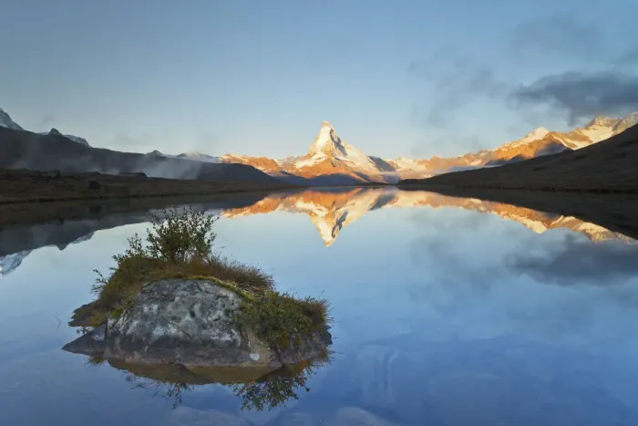 Framed Print : Switzerland, Valais, The Summit of the Matterhorn reflected in Stellisee during a Framed Print : Switzerland, Valais, The Summit of the Matterhorn reflected in Stellisee during a