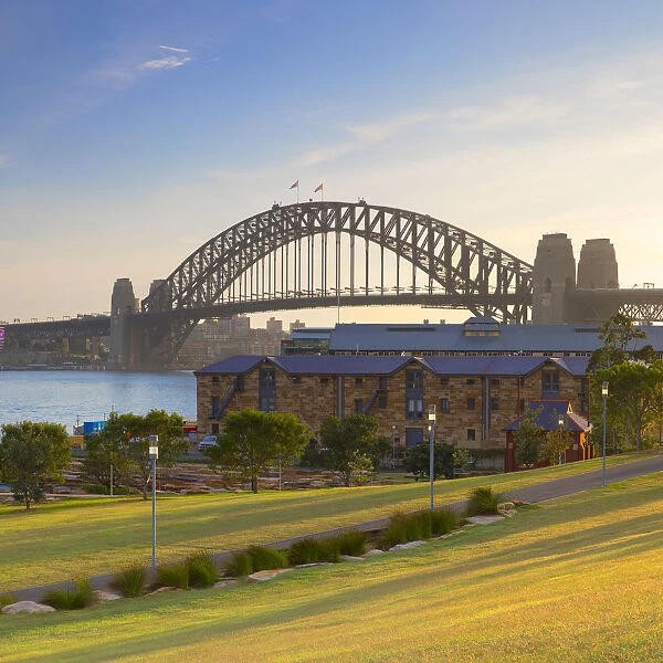 Sydney Harbour Bridge from Barangaroo Reserve at sunrise, Sydney, New South Wales