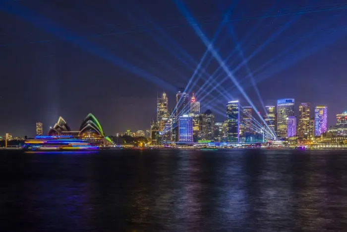 Framed Print : Sydney Opera House and skyline illumiated with projections Framed Print : Sydney Opera House and skyline illumiated with projections