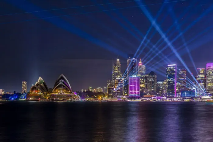Framed Print : Sydney Opera House and skyline illumiated with projections Framed Print : Sydney Opera House and skyline illumiated with projections