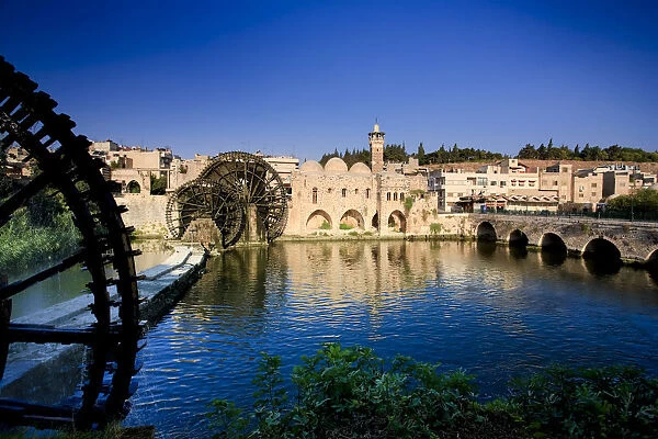 Syria, Hama old Town, An-Nuri Mosque and 13th Century Norias (Water Wheels)