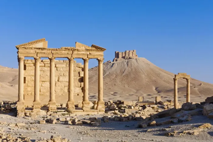 Framed Print : Syria, Homs Governate, Palmyra. Funerary Temple and Arab Citadel Framed Print : Syria, Homs Governate, Palmyra. Funerary Temple and Arab Citadel