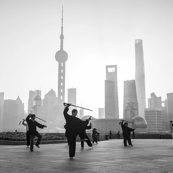 Tai Chi on The Bund (with Pudong skyline behind), Shanghai, China