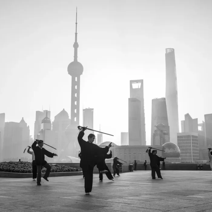 Framed Print : Tai Chi on The Bund (with Pudong skyline behind), Shanghai, China Framed Print : Tai Chi on The Bund (with Pudong skyline behind), Shanghai, China
