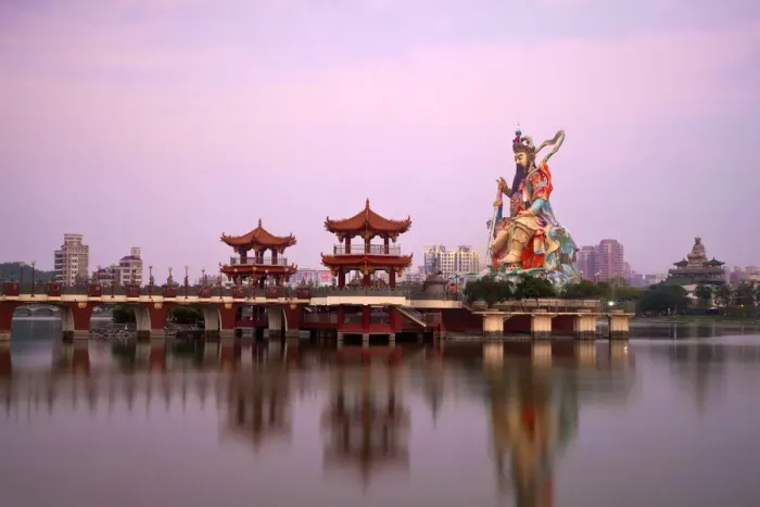 Framed Print : Taiwan, Kaohsiung, Lotus pond, Bridge leading to Giant 72 meter high statue of Syuan Framed Print : Taiwan, Kaohsiung, Lotus pond, Bridge leading to Giant 72 meter high statue of Syuan