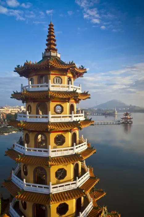 Framed Print : Taiwan, Kaohsiung, Lotus pond, Dragon and Tiger Tower Temple with view of bridge leading Framed Print : Taiwan, Kaohsiung, Lotus pond, Dragon and Tiger Tower Temple with view of bridge leading