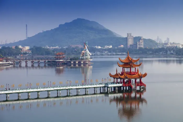 Framed Print : Taiwan, Kaohsiung, Lotus pond, View of bridge leading to Spring and Autumn pagodas Framed Print : Taiwan, Kaohsiung, Lotus pond, View of bridge leading to Spring and Autumn pagodas