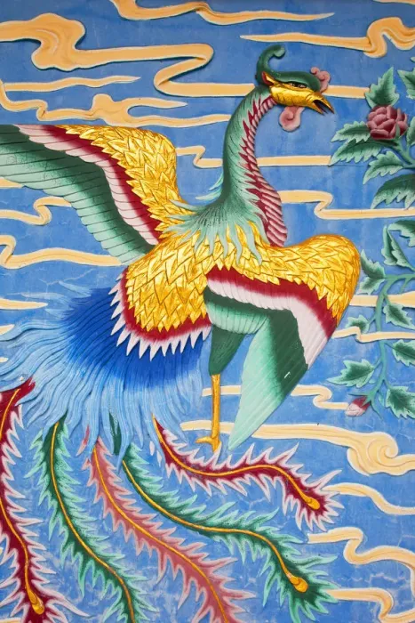 Framed Print : Taiwan, Kaohsiung, Lotus pond, Wall painting on Temple opposite Giant 72 meter high Framed Print : Taiwan, Kaohsiung, Lotus pond, Wall painting on Temple opposite Giant 72 meter high