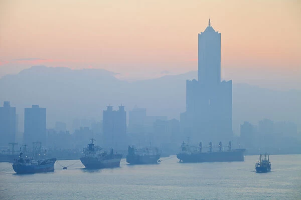 Taiwan, Kaohsiung, View of harbour looking towards the city and Kaoshiung 85 Sky Tower