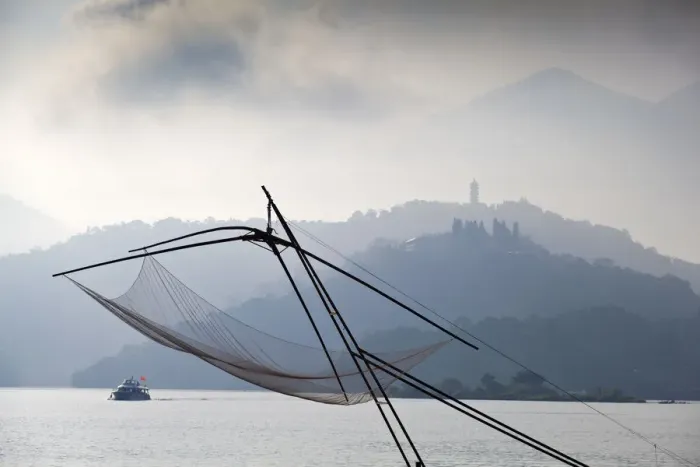Framed Print : Taiwan, Nantou, Hanbi Peninsula, Four- handed Fishnet on Sun Moon Lake Framed Print : Taiwan, Nantou, Hanbi Peninsula, Four- handed Fishnet on Sun Moon Lake
