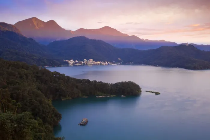 Framed Print : Taiwan, Nantou, View of Sun Moon Lake at sunset