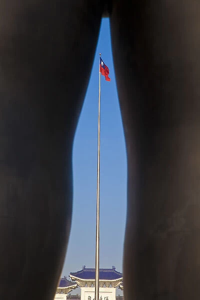 Taiwan, Taipei, Looking through legs of Li Chen Sculpture at Greatness of Sprit Premier
