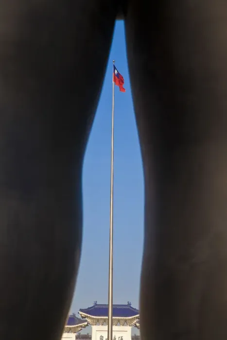 Framed Print : Taiwan, Taipei, Looking through legs of Li Chen Sculpture at Greatness of Sprit Premier Framed Print : Taiwan, Taipei, Looking through legs of Li Chen Sculpture at Greatness of Sprit Premier
