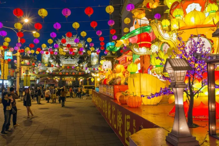 Framed Print : Taiwan, Taipei, Songshan District, Street decorations outside Ciyou Temple