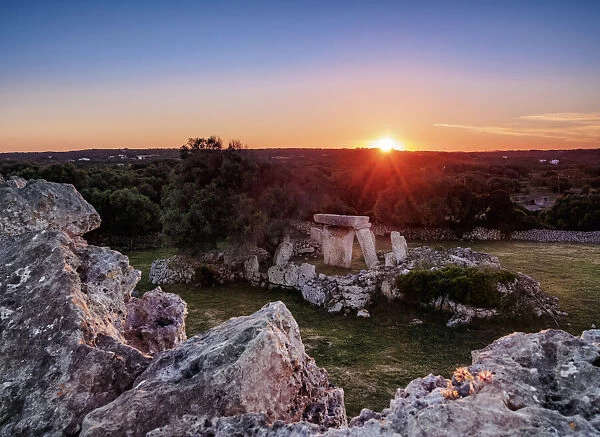 Talati de Dalt archaeological site at sunset, elevated view, Menorca or Minorca