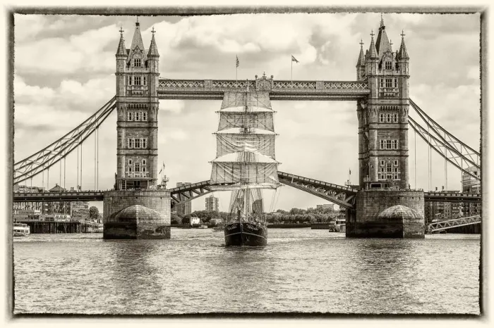 Framed Print : Tall Ship Thalassa passing through the Tower Bridge, London, England