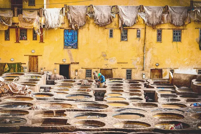 Framed Print : Tanned animal skins hanging to dry in the old tannery of Fez, Morocco Framed Print : Tanned animal skins hanging to dry in the old tannery of Fez, Morocco