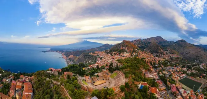 Framed Print : Taormina, Sicily. Aerial view of the Greek theater with Etna volcano in the background Framed Print : Taormina, Sicily. Aerial view of the Greek theater with Etna volcano in the background
