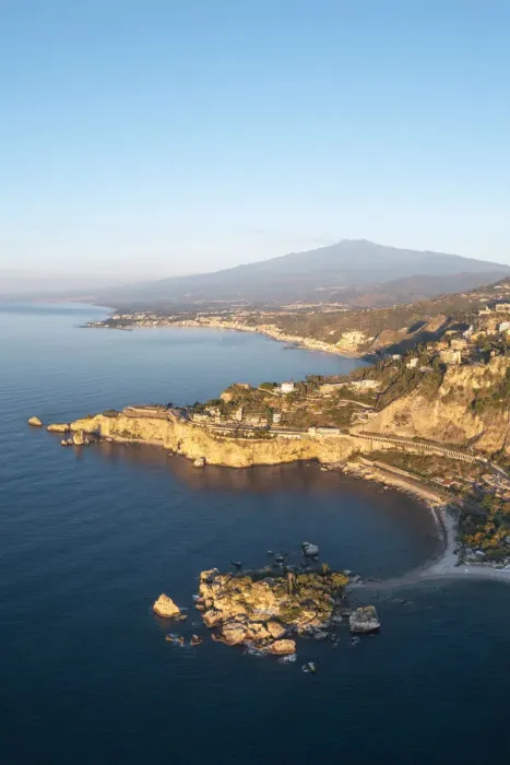 Framed Print : Taormina, Sicily, Italy. Coastal aerial landscape and Mount Etna in the backdrop