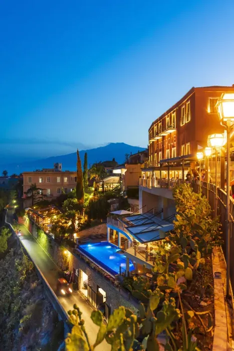 Framed Print : Taormina, Sicily. Luxury hotel by night with Etna volcano in the background Framed Print : Taormina, Sicily. Luxury hotel by night with Etna volcano in the background