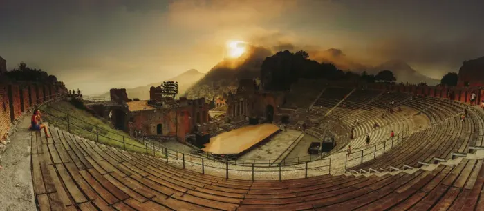 Framed Print : Taormina, Sicily. Panoramic view of the greek theater with Etna volcano in the background Framed Print : Taormina, Sicily. Panoramic view of the greek theater with Etna volcano in the background