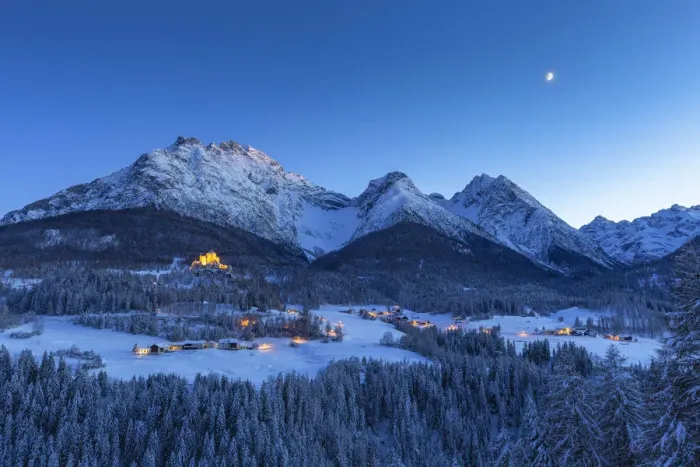 Framed Print : Tarasp Castle and the moon at twilight. Tarasp, Lower Engadine, Canton of Grisons Framed Print : Tarasp Castle and the moon at twilight. Tarasp, Lower Engadine, Canton of Grisons