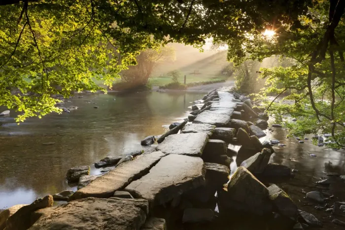 Framed Print : Tarr Steps clapper bridge crossing the River Barle, Exmoor National Park, Somerset