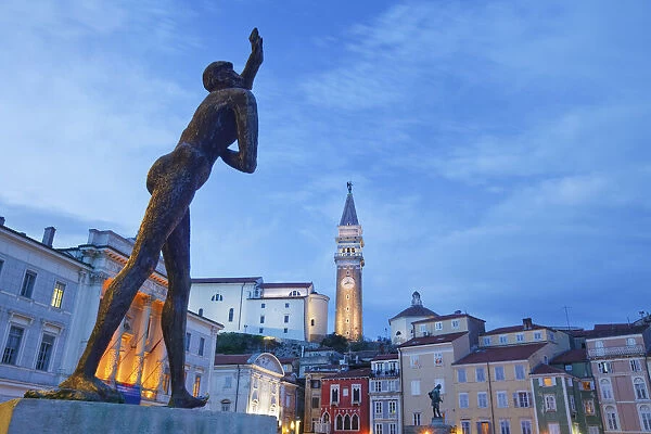 Tartini Square with St Georges church bell tower at dusk, Piran, Primorska