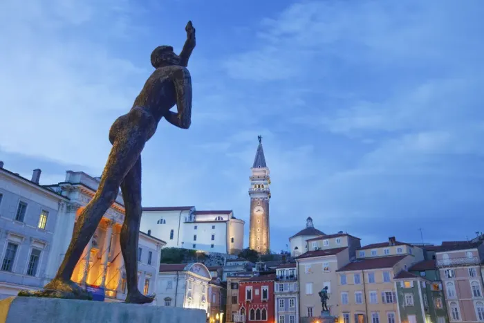 Framed Print : Tartini Square with St Georges church bell tower at dusk, Piran, Primorska Framed Print : Tartini Square with St Georges church bell tower at dusk, Piran, Primorska