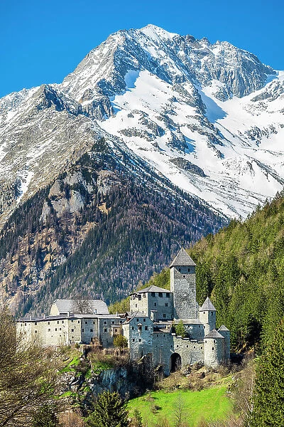 Taufers medieval castle with the snowy Zillertall Alps in the background, Sand in Taufers-Campo Tures, Trentino-Alto Adige / Sudtirol, Italy