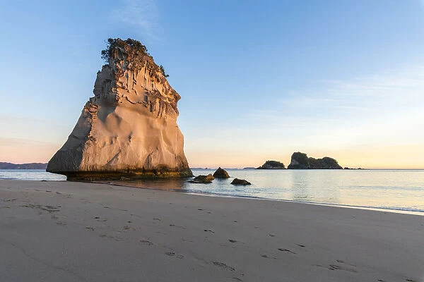 Te Hoho rock in the morning light at Cathedral Cove. Hahei, Waikato region, North Island