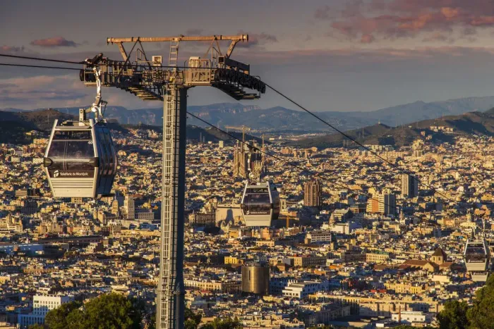 Framed Print : Teleferic de Montjuic or aerial tramway with city skyline at sunset, Barcelona, Catalonia Framed Print : Teleferic de Montjuic or aerial tramway with city skyline at sunset, Barcelona, Catalonia