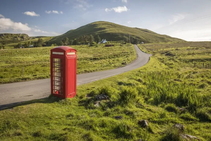 Framed Print : Telephone booth on remote country lane in the north of the Trotternish Peninsula
