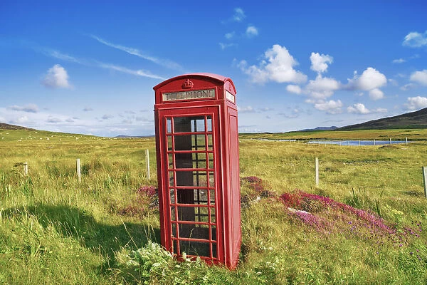 Telephone box on Farmland - United Kingdom, Scotland, Outer Hebrides, North Uist