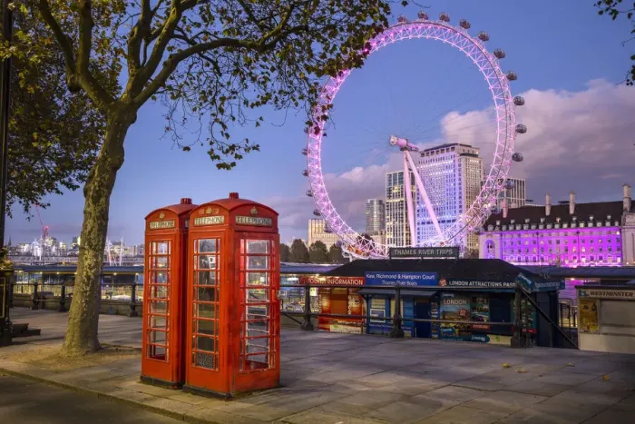 Framed Print : Telephone boxes & London Eye, London, England Framed Print : Telephone boxes & London Eye, London, England