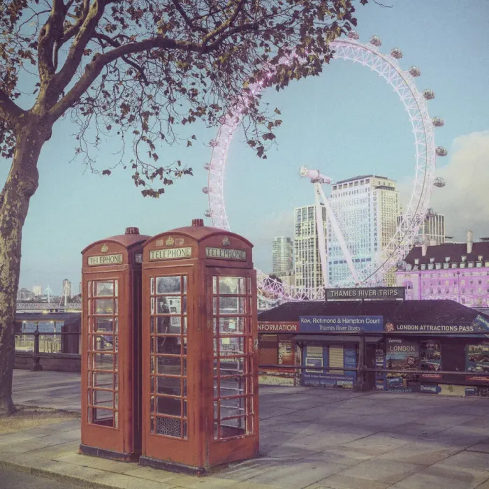 Framed Print : Telephone boxes & London Eye, London, England Framed Print : Telephone boxes & London Eye, London, England