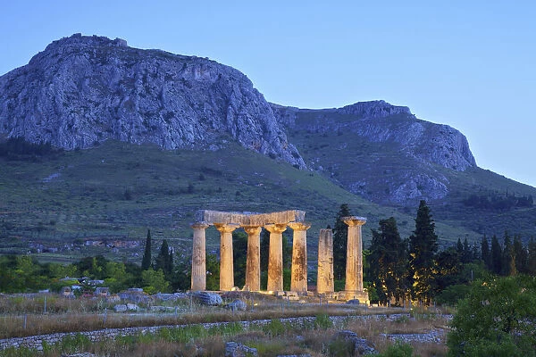 Temple of Apollo at Dusk, Ancient Corinth, The Peloponnese, Greece, Southern Europe