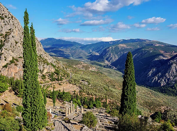 The Temple of Apollo and Pleistos River Valley, elevated view, Delphi, Phocis, Greece
