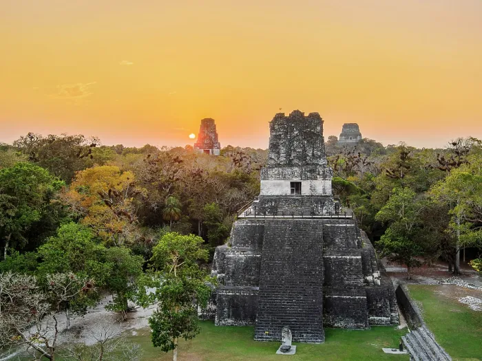 Framed Print : Temple II or Temple of the Masks at Great Plaza, Temples III and IV in the background, sunset, Tikal, Peten Department, Guatemala