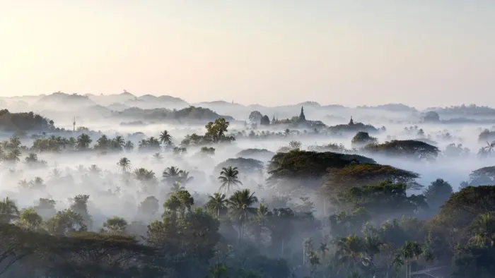 Framed Print : Temple in the mist at dawn, Mrauk U, Burma, Myanmar Framed Print : Temple in the mist at dawn, Mrauk U, Burma, Myanmar