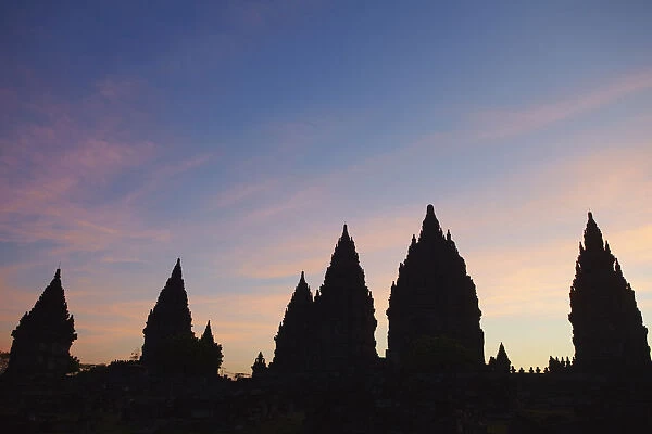 Temples at Prambanan complex at sunset, Java, Indonesia