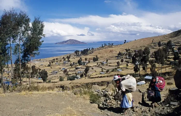 Framed Print : Well tended terraces of Amantani Island with Taquile Island in the background Framed Print : Well tended terraces of Amantani Island with Taquile Island in the background