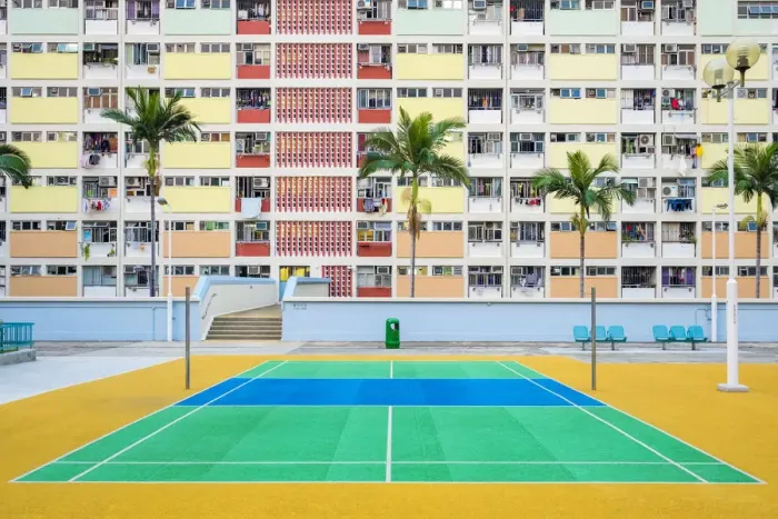 Framed Print : Empty tennis court at Choi Hung Estate, one of the oldest public housing estates in Framed Print : Empty tennis court at Choi Hung Estate, one of the oldest public housing estates in