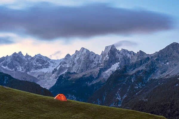 Tent in front of Sciore group at dawn, Tombal, Soglio, Val Bregaglia