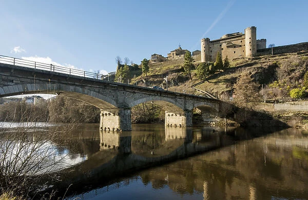 The Tera river and the castle of Puebla de Sanabria. Castilla y Leon, Spain
