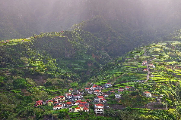 Terracing and mountains at Sao Vicente during sunrise, Madeira, Portugal