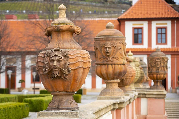 Terracotta vase in garden of Troja Chateau, Prague, Bohemia, Czech Republic