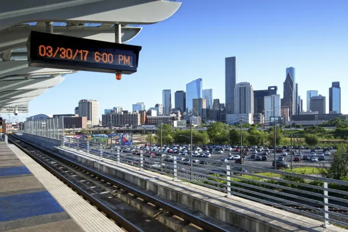 Framed Print : Texas, Houston, Elevated MetroRail Red Line Station, Near Northside Neighborhood, Skyline