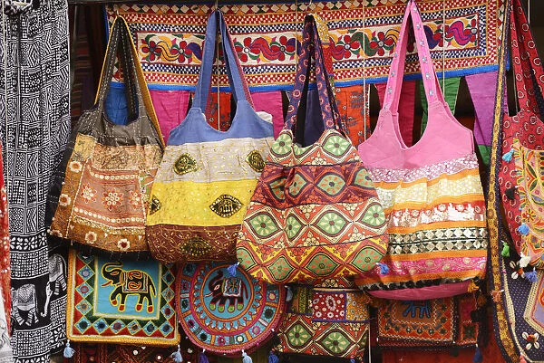 Textiles for sale in a local market in Udaipur, Rajasthan, India, Asia